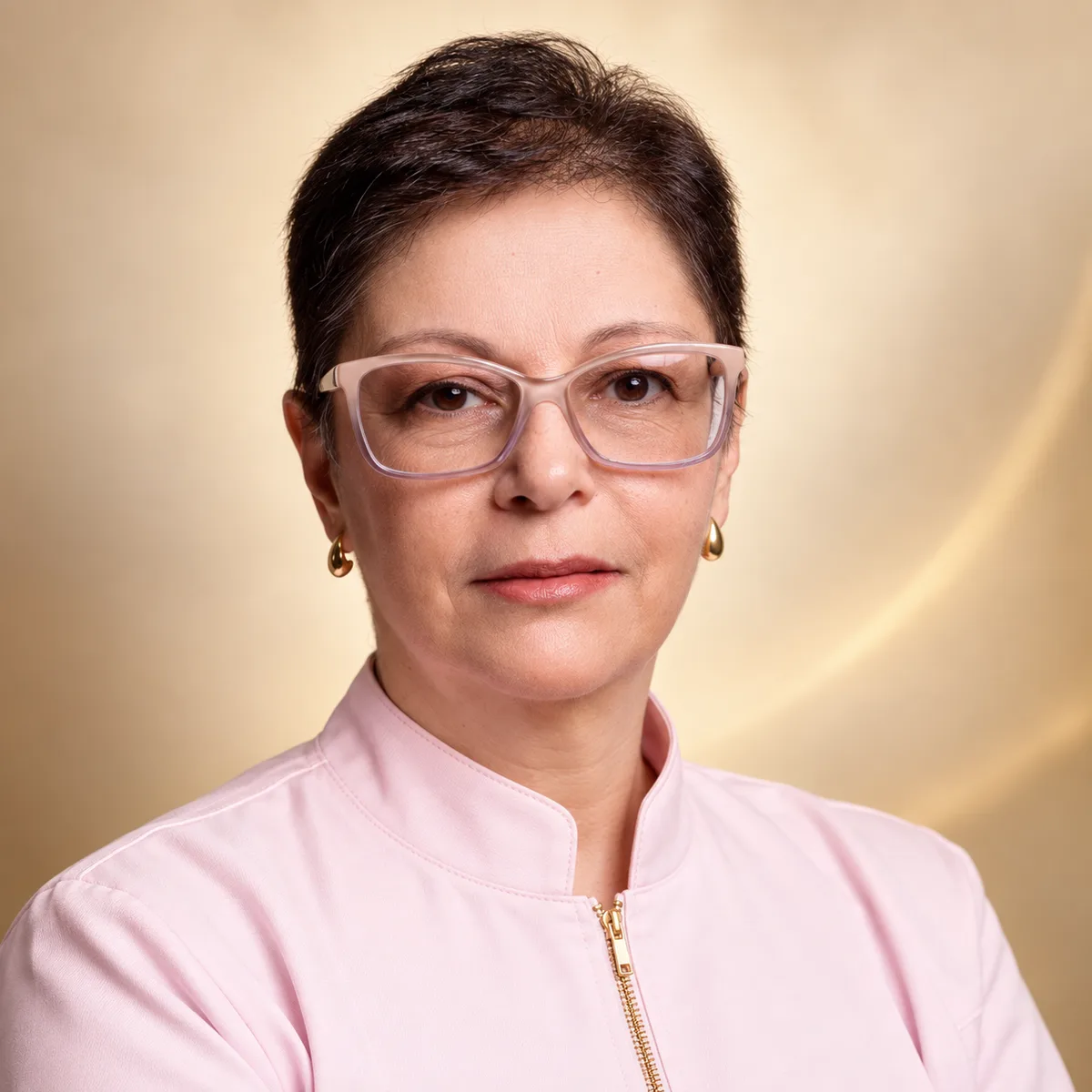 Dra. Luciana Rinaldi, de óculos e uniforme rosa.